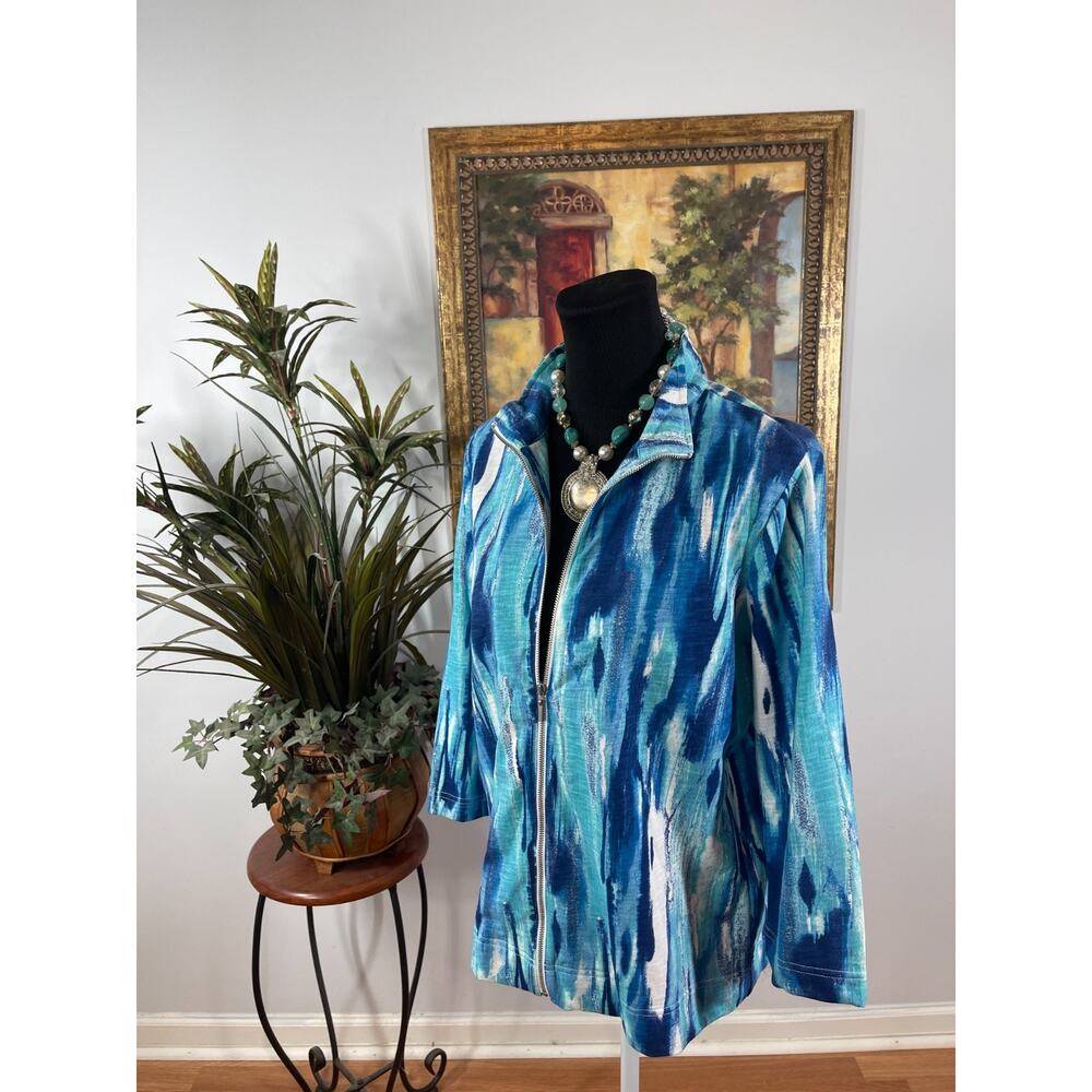 Weekends by Chico's Jacket Womens Size 1 Blue Ikat Style Modern Preppy Nautical - Picture 4 of 7
